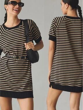 Sundays Perry Black Tan Striped Sweatshirt Dress Size M
